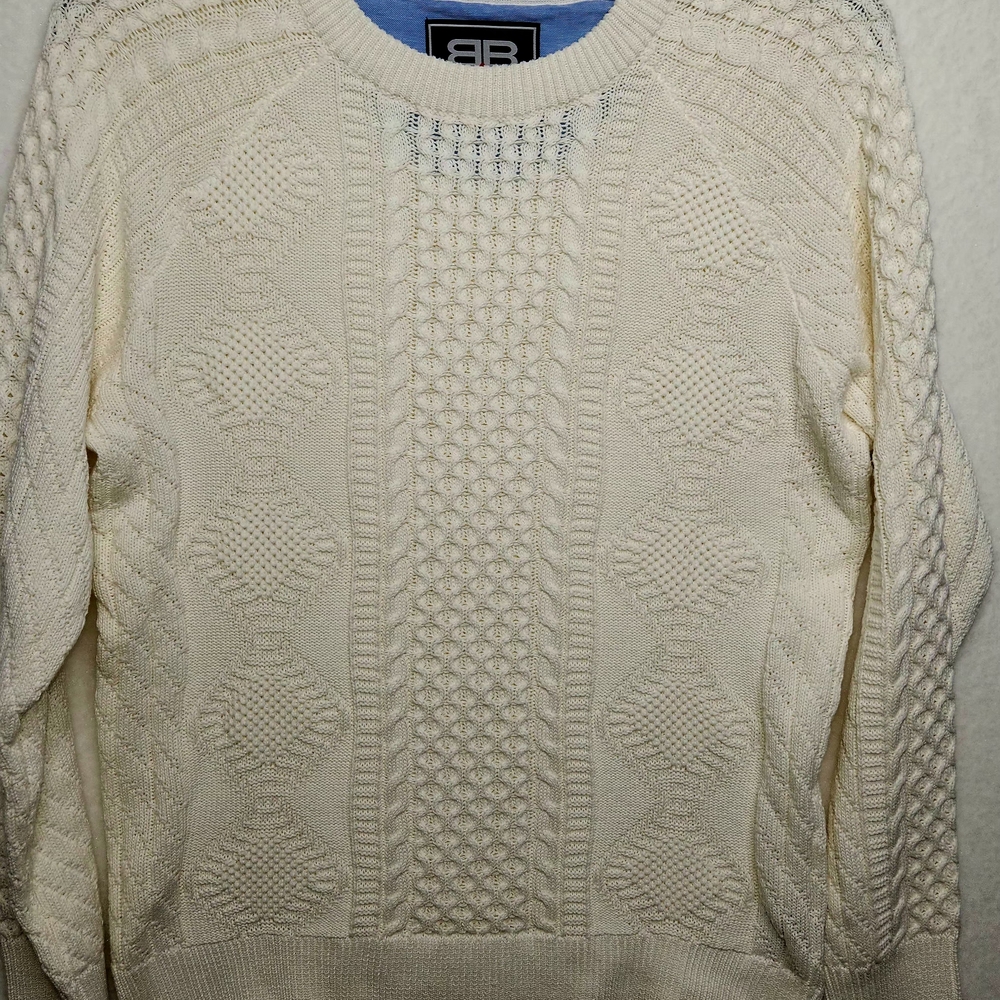 VTG Benjamin Black Fisherman Style Cable Knit Cream Sweater Men's Slim Fit Sz Lg